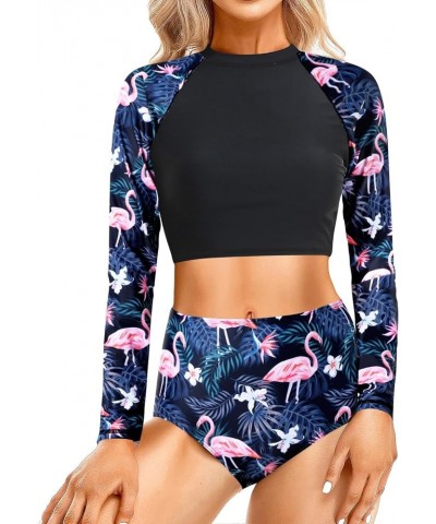 Two Piece Rash Guard Long Sleeve Bathing Suits Women Swimsuit Top with High Waist Short Tankini Set UV UPF 50+ Black Flamingo...