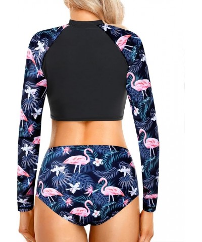 Two Piece Rash Guard Long Sleeve Bathing Suits Women Swimsuit Top with High Waist Short Tankini Set UV UPF 50+ Black Flamingo...