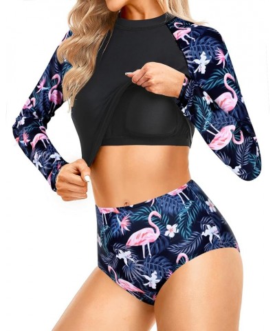 Two Piece Rash Guard Long Sleeve Bathing Suits Women Swimsuit Top with High Waist Short Tankini Set UV UPF 50+ Black Flamingo...