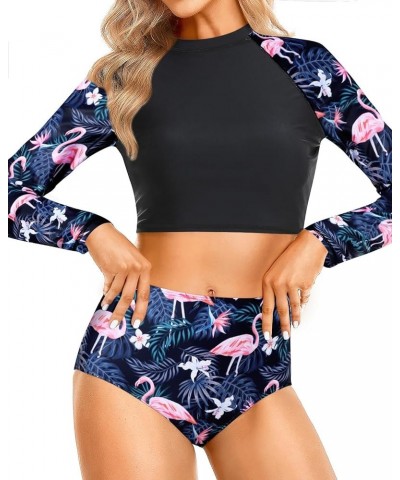 Two Piece Rash Guard Long Sleeve Bathing Suits Women Swimsuit Top with High Waist Short Tankini Set UV UPF 50+ Black Flamingo...