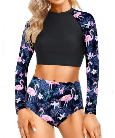 Two Piece Rash Guard Long Sleeve Bathing Suits Women Swimsuit Top with High Waist Short Tankini Set UV UPF 50+ Black Flamingo...