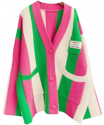 Women's Long Sleeved Wired Knit Color Matching Bohemian Striped Loose and Thick Sweater Cardigan Pink $21.19 Sweaters