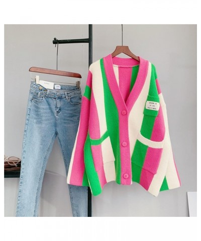 Women's Long Sleeved Wired Knit Color Matching Bohemian Striped Loose and Thick Sweater Cardigan Pink $21.19 Sweaters