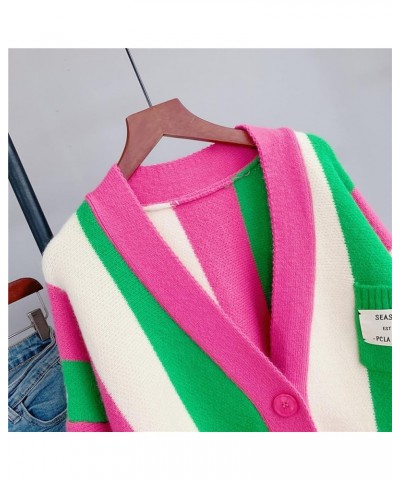 Women's Long Sleeved Wired Knit Color Matching Bohemian Striped Loose and Thick Sweater Cardigan Pink $21.19 Sweaters