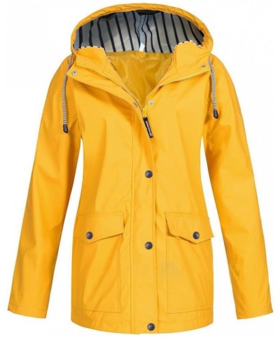 Rain Jackets for Women Waterproof Hooded Coats Plus Size Drawtring Windbreaker Zip Solid Outerwear with Pocket A-yellow $14.1...