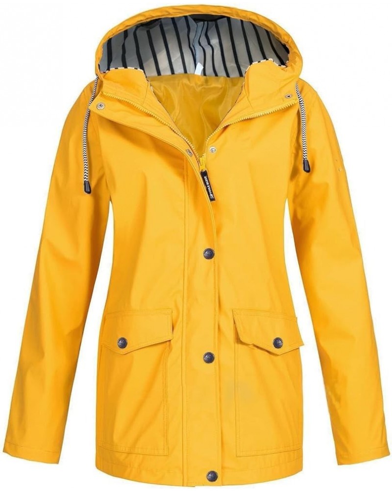 Rain Jackets for Women Waterproof Hooded Coats Plus Size Drawtring Windbreaker Zip Solid Outerwear with Pocket A-yellow $14.1...