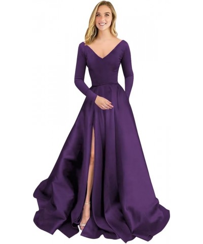 Long Sleeve Velvet Prom Dresses V Neck A-Line Formal Gowns Satin Evening Dress with Pockets Grape $37.40 Dresses