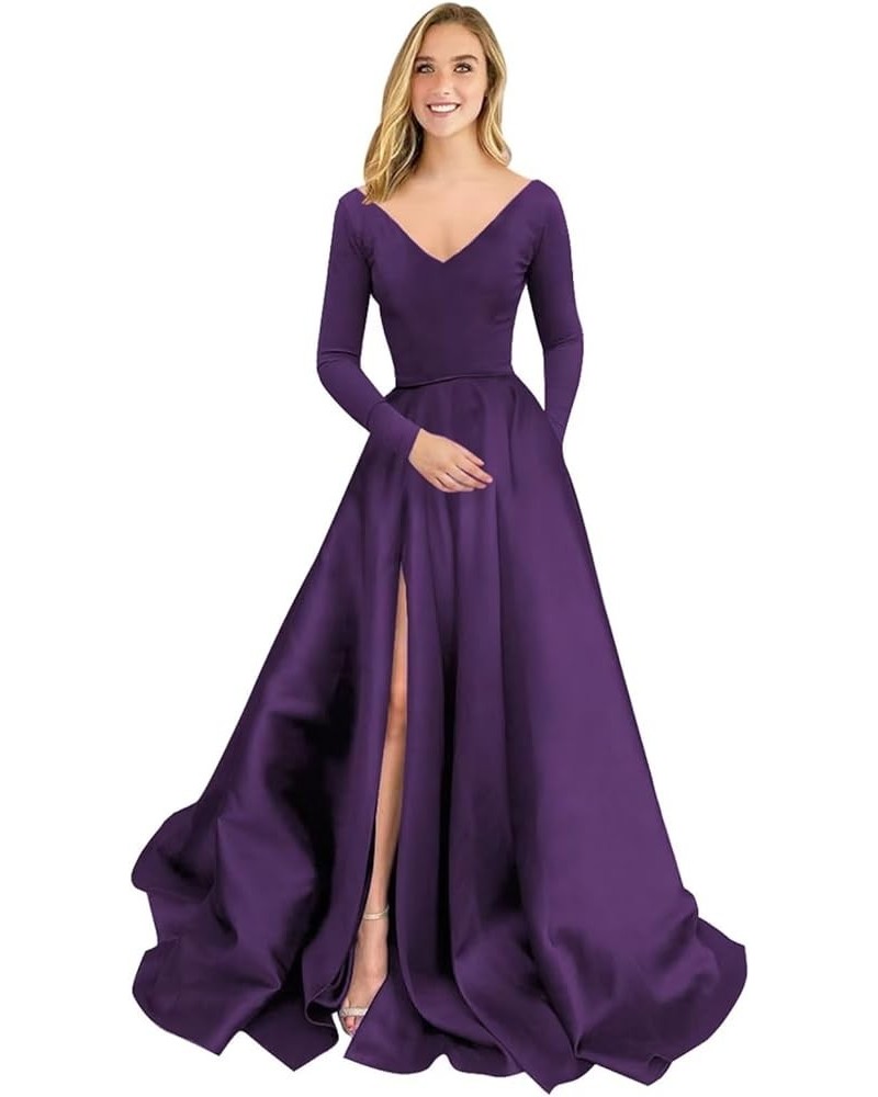 Long Sleeve Velvet Prom Dresses V Neck A-Line Formal Gowns Satin Evening Dress with Pockets Grape $37.40 Dresses