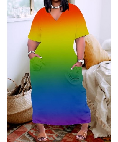 Women Casual T-Shirt Dress V Neck Short Sleeve with Front Two Pockets Solid Color Oversize Dress Rainbow1 $17.84 Dresses