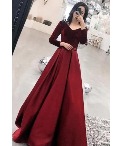 Long Sleeve Velvet Prom Dresses V Neck A-Line Formal Gowns Satin Evening Dress with Pockets Grape $37.40 Dresses