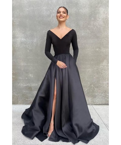 Long Sleeve Velvet Prom Dresses V Neck A-Line Formal Gowns Satin Evening Dress with Pockets Grape $37.40 Dresses