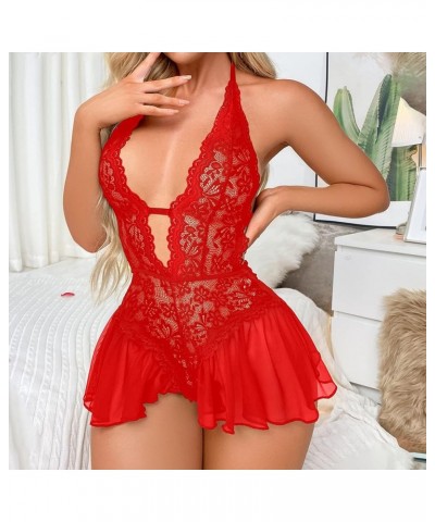 Lingerie for Women Lace Pu Sexy Lace Up Chemise Nightgown Babydoll Nightwear Dress Nightie Slim Pajamas Nightdress Z2-red2 $8...