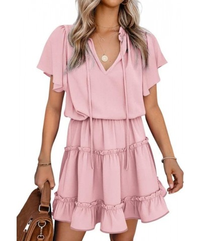 Womens 2024 Short Sleeve Split V Neck Ruffle Chiffon Elegant Mini Short Skirt Dresses Z Pink $16.40 Dresses