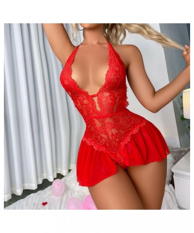 Lingerie for Women Lace Pu Sexy Lace Up Chemise Nightgown Babydoll Nightwear Dress Nightie Slim Pajamas Nightdress Z2-red2 $8...