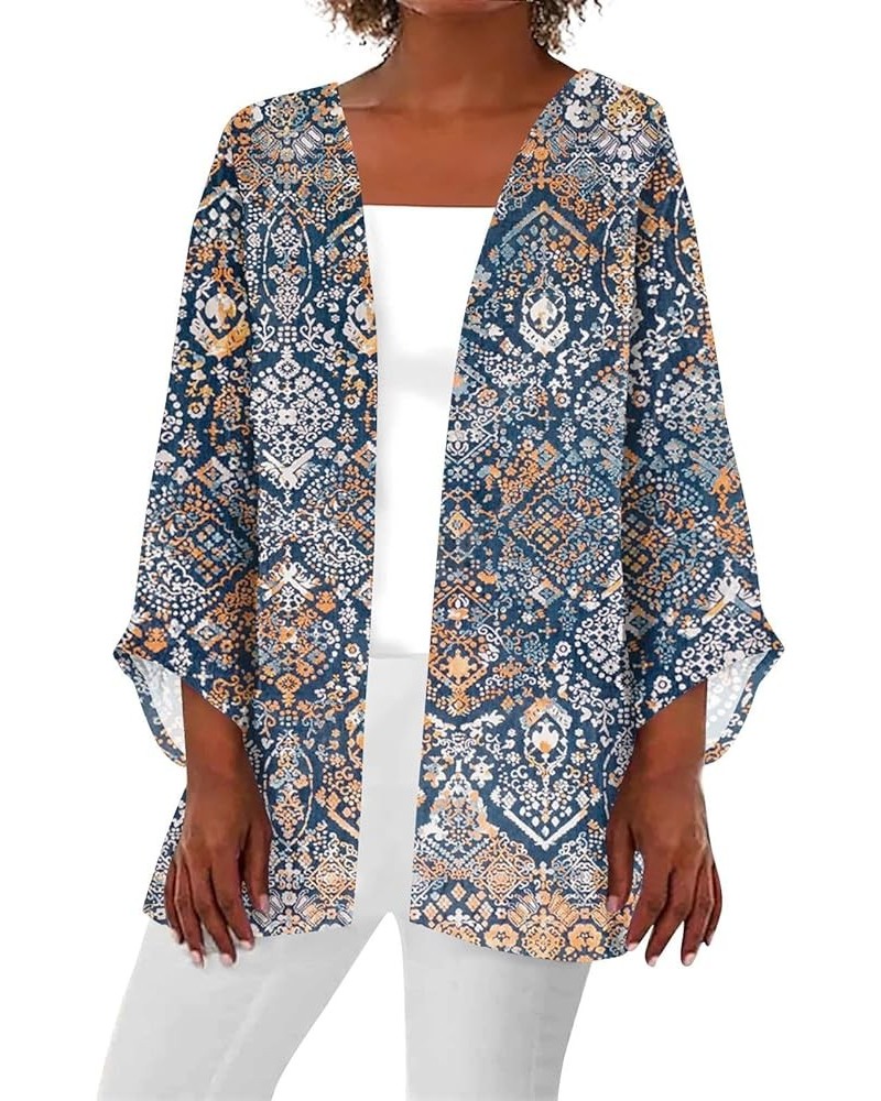 Kimonos for Women Casual 3/4 Sleeve Print Dressy Jacket Trendy Flowy Casual Loose Resort Wear Open Front Cardigan 2-royal Blu...