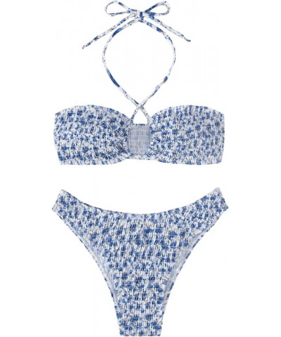 Women's 2 Piece Bathing Suit Ribbed Tie Side Halter Bikini Swimsuit Blue White $16.80 Swimsuits