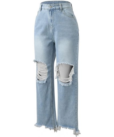 Womens Bell Bottom Pants Broken Hole Design Loose Straight Denim Minimalist Denim Pants Jeans Retro Straight Jeans Pants4-lig...