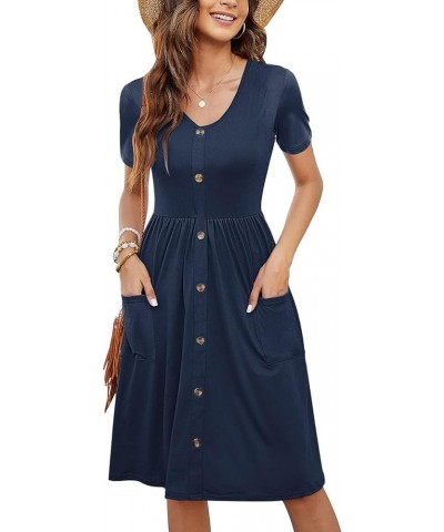 Summer Dresses for Women 2023 Casual Short Sleeve Button Down Midi Sundress A-Line Beach Swing Dress with Pockets 2 Navy $11....