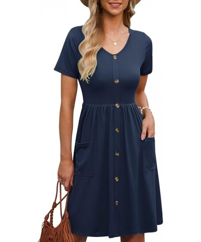 Summer Dresses for Women 2023 Casual Short Sleeve Button Down Midi Sundress A-Line Beach Swing Dress with Pockets 2 Navy $11....