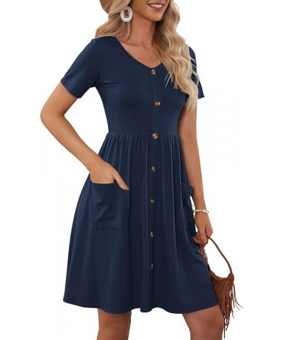 Summer Dresses for Women 2023 Casual Short Sleeve Button Down Midi Sundress A-Line Beach Swing Dress with Pockets 2 Navy $11....