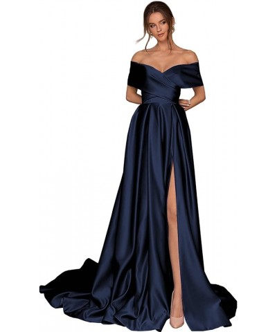 Women's Off The Shoulder Satin Prom Dresses Long High Slit A-line Formal Party Evening Gown with Pockets Navy Blue $40.80 Dre...