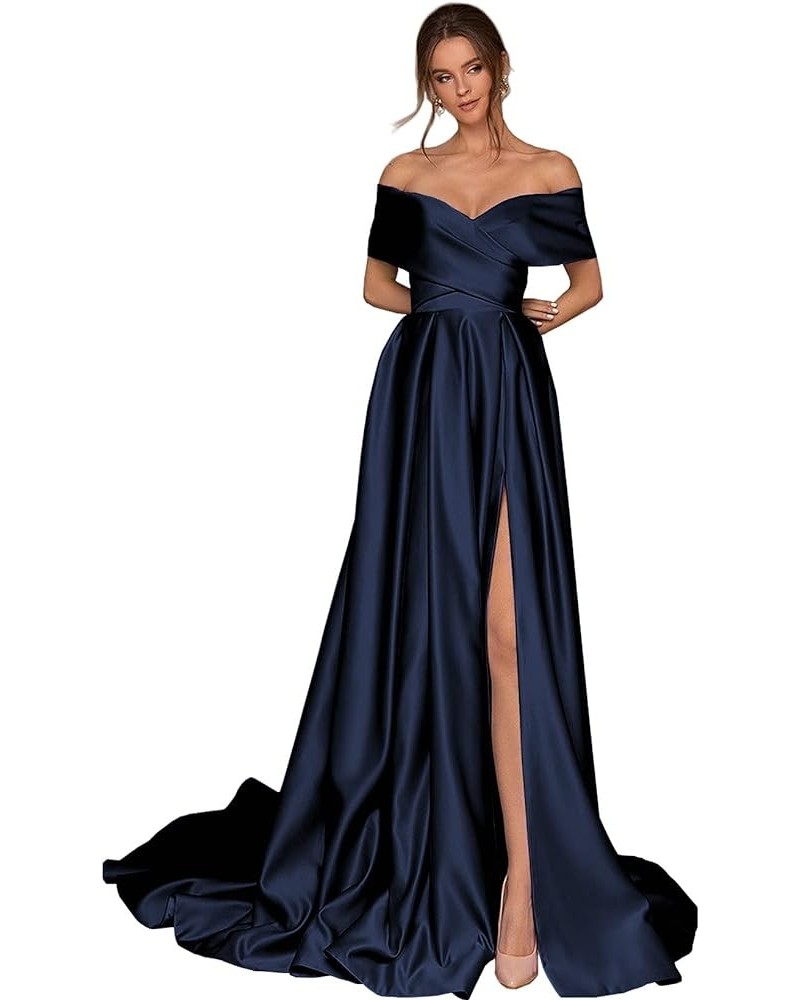 Women's Off The Shoulder Satin Prom Dresses Long High Slit A-line Formal Party Evening Gown with Pockets Navy Blue $40.80 Dre...