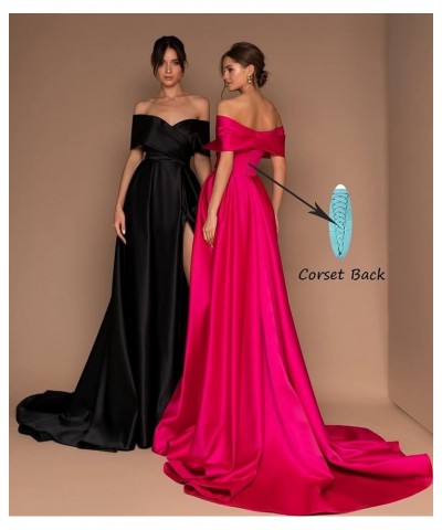 Women's Off The Shoulder Satin Prom Dresses Long High Slit A-line Formal Party Evening Gown with Pockets Navy Blue $40.80 Dre...