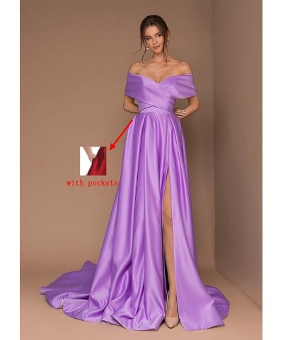 Women's Off The Shoulder Satin Prom Dresses Long High Slit A-line Formal Party Evening Gown with Pockets Navy Blue $40.80 Dre...