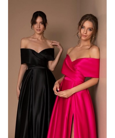 Women's Off The Shoulder Satin Prom Dresses Long High Slit A-line Formal Party Evening Gown with Pockets Navy Blue $40.80 Dre...