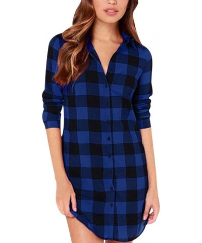 Women Blouses Tops Buffalo Check Plaid Long Sleeve Casual Button Down Shirts Blue Black $25.48 Blouses