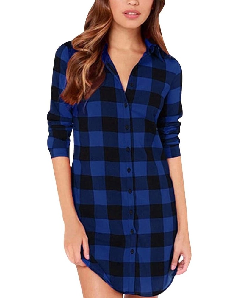 Women Blouses Tops Buffalo Check Plaid Long Sleeve Casual Button Down Shirts Blue Black $25.48 Blouses