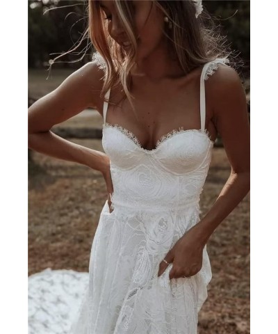 Simple Beach Wedding Dresses Long A-Line Spaghetti Straps Bridal Gowns with Train V Neck Evening Gown for Bride Q-ivory $43.4...