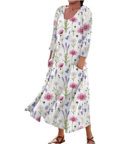 3/4 Sleeve Dress for Women Fall Dresses Casual Loose Plus Size Crewneck Floral Print Elegant Long Dress with Pockets 16-pink ...