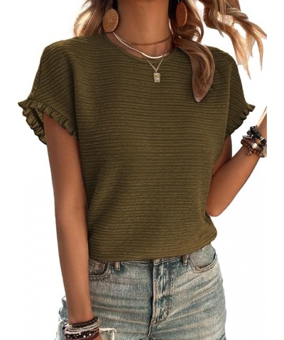 Womens Short Sleeve Tops Round Neck Ruffle Casual Summer Textured Work T Shirts Tee Blouse Army Green $15.11 T-Shirts