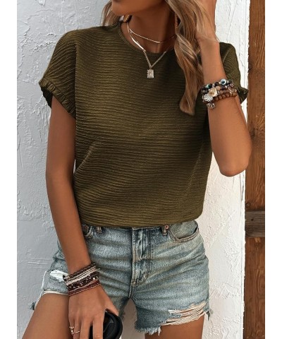 Womens Short Sleeve Tops Round Neck Ruffle Casual Summer Textured Work T Shirts Tee Blouse Army Green $15.11 T-Shirts