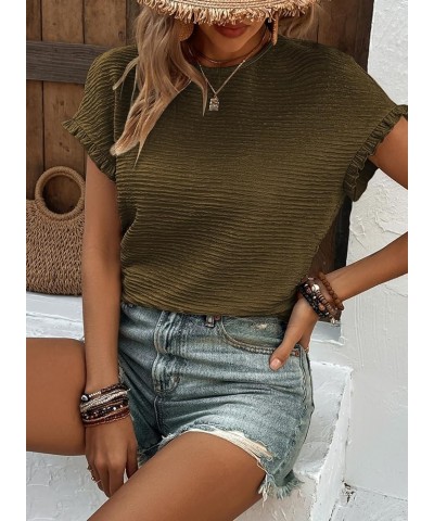 Womens Short Sleeve Tops Round Neck Ruffle Casual Summer Textured Work T Shirts Tee Blouse Army Green $15.11 T-Shirts