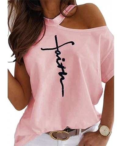 Womens Short Sleeve Cold Shoulder Faith Shirts Fashion One Shoulder Tops Casual T-Shirt Pink $7.01 T-Shirts