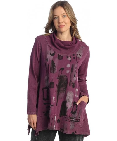 Abstract Print Mineral Washed Jersey Knit Tunic - M74 Maze Plum $39.07 Tops