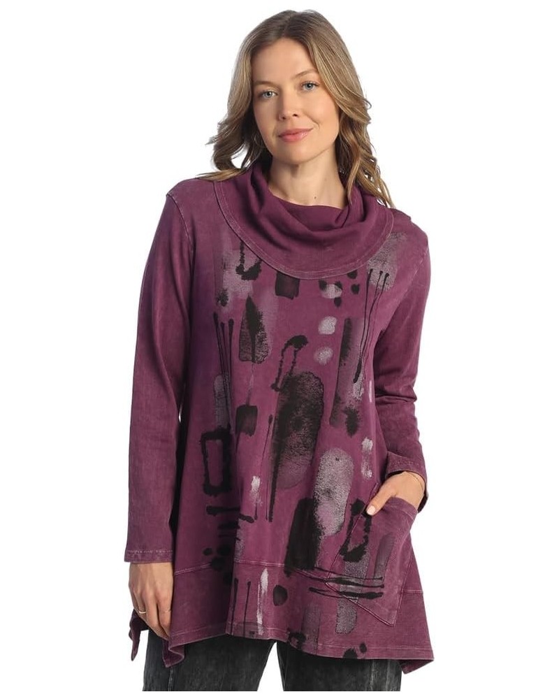 Abstract Print Mineral Washed Jersey Knit Tunic - M74 Maze Plum $39.07 Tops