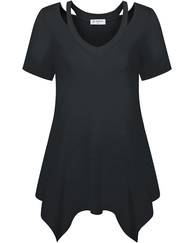 Womens Short Sleeve Tunic Tops Cut Out V Neck Dressy Casual Loose Fit Long Tops Black $13.23 Tops