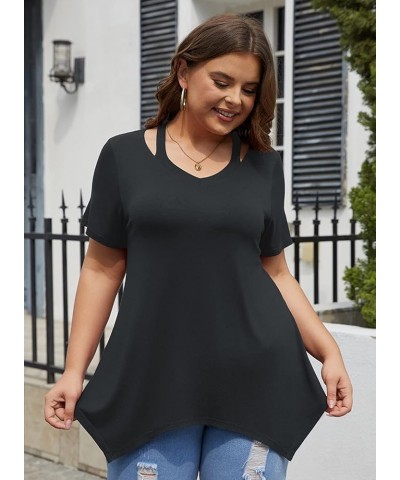 Womens Short Sleeve Tunic Tops Cut Out V Neck Dressy Casual Loose Fit Long Tops Black $13.23 Tops