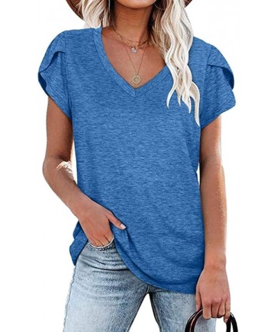 Womens Tops V Neck Short Sleeve T Shirts Casual Summer Petal Sleeve Fashion Tops Cotton Tshirts Blue $8.39 T-Shirts