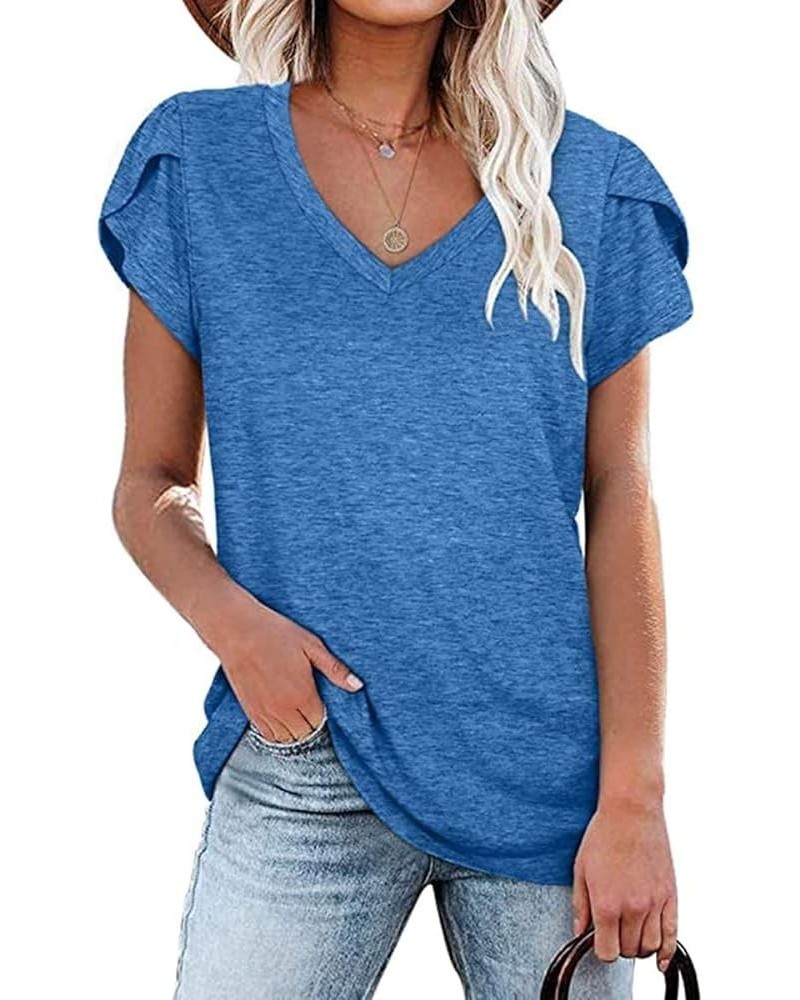 Womens Tops V Neck Short Sleeve T Shirts Casual Summer Petal Sleeve Fashion Tops Cotton Tshirts Blue $8.39 T-Shirts