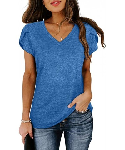 Womens Tops V Neck Short Sleeve T Shirts Casual Summer Petal Sleeve Fashion Tops Cotton Tshirts Blue $8.39 T-Shirts