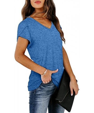 Womens Tops V Neck Short Sleeve T Shirts Casual Summer Petal Sleeve Fashion Tops Cotton Tshirts Blue $8.39 T-Shirts