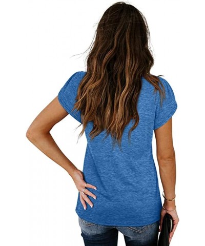 Womens Tops V Neck Short Sleeve T Shirts Casual Summer Petal Sleeve Fashion Tops Cotton Tshirts Blue $8.39 T-Shirts