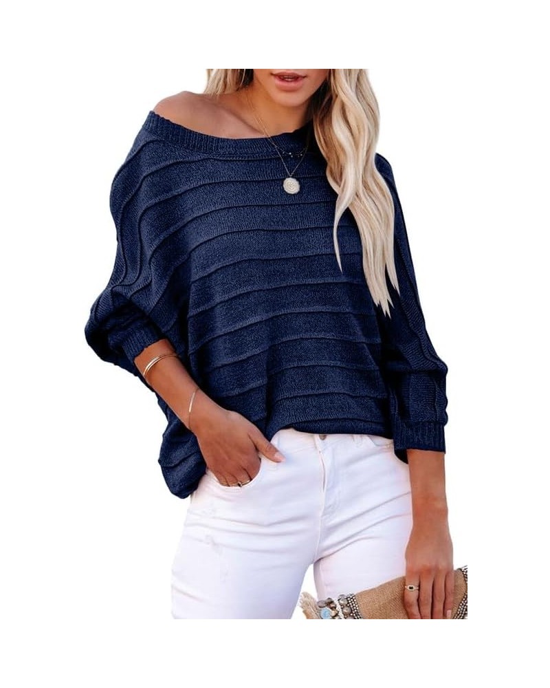 Womens Oversized One Shoulder Dolman Sleeve Ribbed Knit Pullover Tunic Sweaters Tops Fashion Trendy 2023 Navy Blue $23.21 Swe...