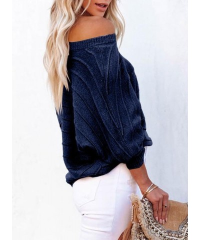 Womens Oversized One Shoulder Dolman Sleeve Ribbed Knit Pullover Tunic Sweaters Tops Fashion Trendy 2023 Navy Blue $23.21 Swe...