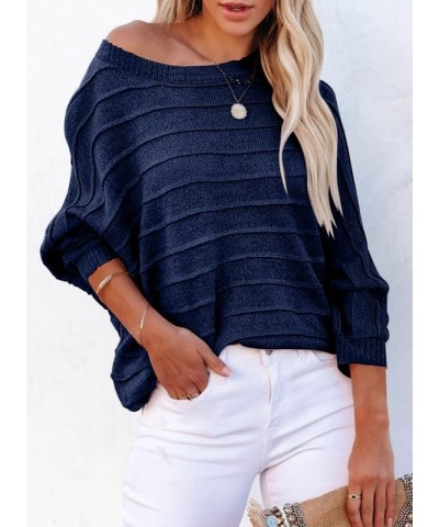 Womens Oversized One Shoulder Dolman Sleeve Ribbed Knit Pullover Tunic Sweaters Tops Fashion Trendy 2023 Navy Blue $23.21 Swe...