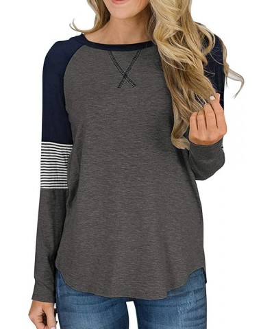 2022 Women's Leopard Print Color Block Tunic Round Neck Long Sleeve Shirts Striped Causal Blouses Tops 02 Navy/Dark Grey $14....